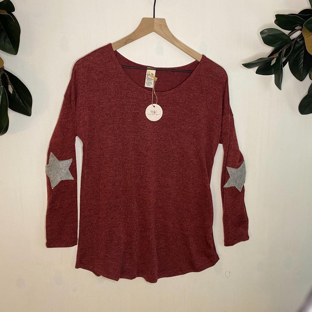 Star Shaped Elbow Patch Heathered Maroon Sweater